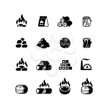 Charcoal, burning coal for barbecue vector isolated icons. Burn and flame, fuel wood in package illustration