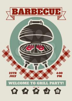 Retro barbecue party restaurant invitation template. BBQ cookout vector poster with classic charcoal grill. Cooking summer outdoor banner, cook weekend flyer cookout illustration