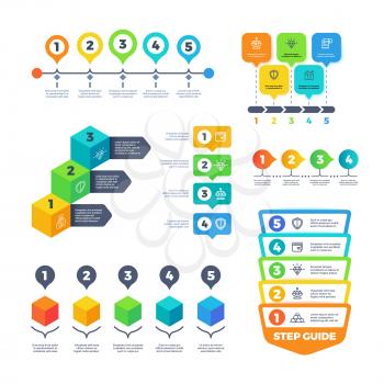 Infographic diagrams. Strategy finance charts for business presentation. Planning menu and timeline vector set. Diagram finance connected, infographic workflow menu illustration