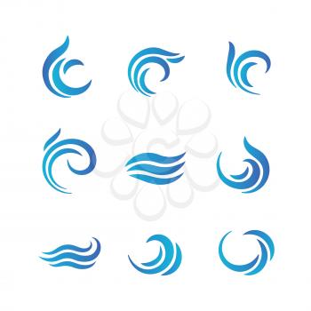 Wave logos. Blue water waves with splashes vector emblems. Wave blue sea emblem, nature surf storm illustration