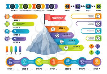 Step infographics. Pyramid graph with process options, infocharts and timeline. Marketing business infographic vector elements. Vector mountain infograph successful business, graphic
