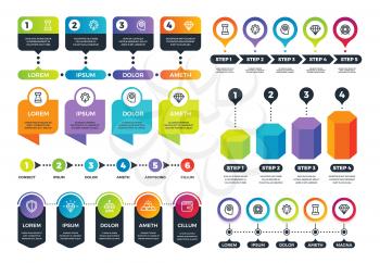Business infographics. Info graphs, timeline and abstract circular charts with marketing icons. Vector set of connected infographic infochart, workflow business plan illustration
