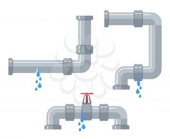 Leaking water pipes. Broken steel and plastic pipeline with leakage, leaking valve, dripping fittings vector set. Plumbing pipeline, pipe leaking broken illustration