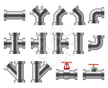 Silver pipes. Aluminum and chrome pipeline. Pipe fittings, water tube vector set. Pipe and pipeline system, construction industrial for sewerage illustration