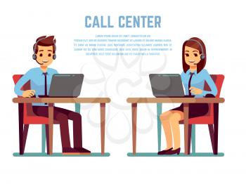 Smiling young woman and man operator with headset talking with customer. Cartoon characters for call center concept. Vector support service, online telephone consultant illustration