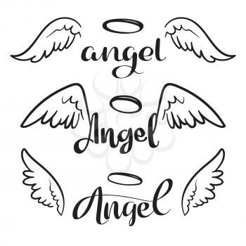 Doodle flying angel wings with halo. Sketch angelic wings. Freedom and religious tattoo vector design isolated on white background. Feather wing flying, heavenly and angelic emblem illustration
