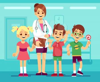 Cute female pediatrician doctor and happy healthy boys and girls in hospital. Childrens healthcare vector concept. Health medicine, medical female happy illustration