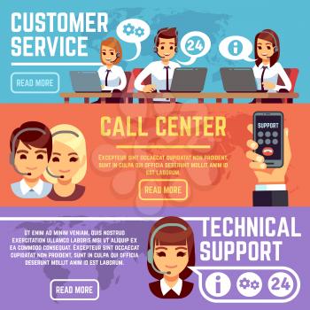 Customer service banners with call center support operators helping customer. Vector set of support call service, online consultant, communication assistance helpline illustration