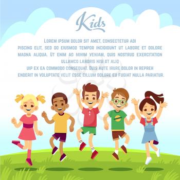 Happy school kids, fun friends jumping and playing togeter outdoors. Summer holiday vector background. Boy and girl people smile and friendship active illustration
