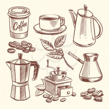 Hand drawn coffee cup, beans, leaves, coffeepot and coffee grinder vector illustration. Grinder coffee, cup or mug sketch espresso