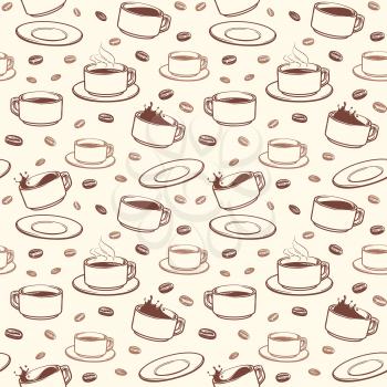 Hand drawn coffee cups vector seamless pattern. Illustration of breakfast drink espresso