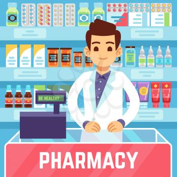 Happy young man pharmacist sells medications in pharmacy or drugstore. Pharmacology and healthcare vector concept. Illustration of medicine and health store