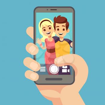 Young couple woman, man taking selfie photo on smartphone. Cute portrait of best friends on phone screen. Cartoon vector illustration. Smartphone selfie camera, mobile portrait photographing