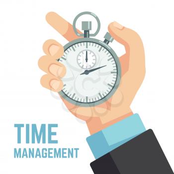 Businessman hand holding stopwatch or clock. Deadline, punctuality and time management business vector concept. Timer and punctuality, deadline stopwatch, productivity and optimization illustration