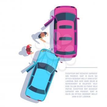 Car traffic accident. Crashed cars and people on road top view. Insurance vector concept. Vehicle auto traffic, damage automobile illustration