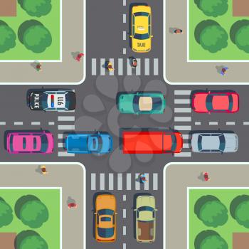 Crossroad top view. Road intersection with crosswalk, cars and people on sidewalk. Vector illustration. Street urban with transport on cross road