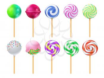 Dulce lollipops. Sweet sugar candy stick isolated vector set. Lollipop dessert on stick, caramel striped illustration