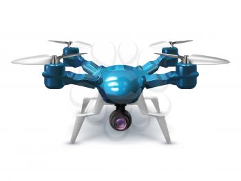Realistic unmanned drone with recording camera. Copter with remote control 3d vector illustration. Remote aerial device with propeller