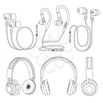 Outline earphones, wireless and corded dj music headphones vector illustration isolated on white background. Audio headset device, earphone wireless, earbuds accessory