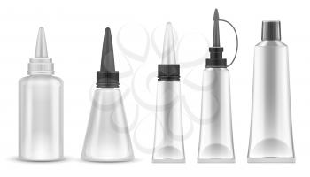 Glue packing. Realistic tubes and bottles for adhesive, tooth paste and cosmetic products. Isolated vector set. Container tube stick, bottle cosmetic illustration