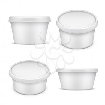 Rounded container. White plastic packaging. Buttermilk and margarine box isolated on white background vector illustration. Plastic packaging and jar mockup for food
