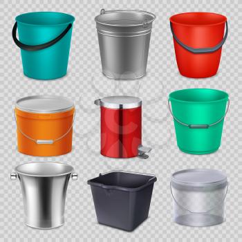 Realistic 3d metal and plastic buckets with handle. Vector collection isolated on white background. Bucket plastic container, empty metal pail with handle illustration
