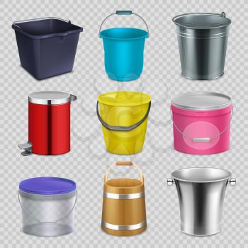 Realistic metal and plastic buckets with handle and bowls. Household container, pail vector collection isolated on white background. Bucket with handle, metal container illustration