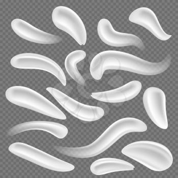 Cosmetic white body cream smears. Gel splashes, foam drops, milk mousse vector set isolated. Creamy smear care, foam and mousse, beauty liquid illustration