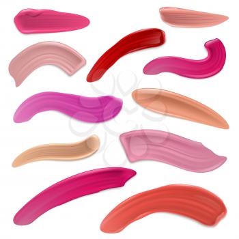 Red and pink lipstick smears, beauty makeup lip cream strokes vector set isolated on white background. Smear lipstick paint stroke illustration