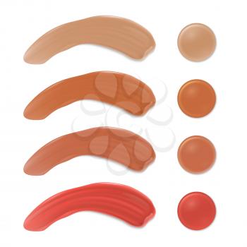 Color shades of foundation make up. Face skin smears vector set isolated on white background. Illustration of smear beauty cosmetic for care skin