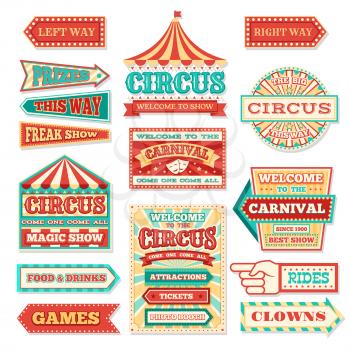 Old carnival circus banners and carnival labels vector set. Circus festival, arrow banner to entertainment illustration