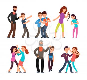 Bullying people. Students, kids fighting with angry parents and each other. Vector characters set. Conflict child fight, mother or father violence teenager illustration