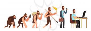 Human evolution. From monkey to businessman and computer user. Cartoon vector characters evolution human, ape and ancestors illustration