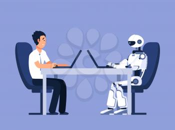 Robot and businessman. Robots vs human, future replacement conflict. Ai, artificial intelligence vector. Illustration of human man and automation machine