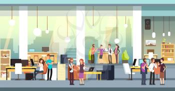 Coworkers in office. People in coworking open space office, workspace. Employees talking and brainstorming vector background. Illustration of office workspace, coworking job, corporation teamwork