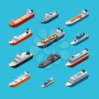 Isometric 3d military and passenger ships, boat and yacht vector sea transportation and shipping icons isolated. Transport water travel, boat ship and vessel cruise illustration