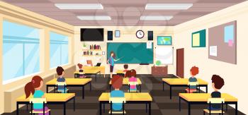 Teacher at blackboard and children at school desks in classroom. Cartoon vector illustration. School classroom with blackboard and teacher