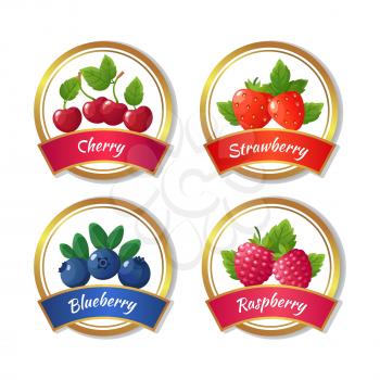 Berry jam and marmalade labels. Fresh summer fruits stickers vector template. Natural jam emblem strawberry and raspberry illustration