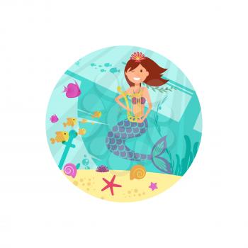 Cartoon smile mermaid vector banner. Sea life illustration isolated on white background