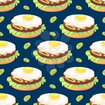 Fast food seamless pattern with omelette sandwich and pickles. Vector illustration background
