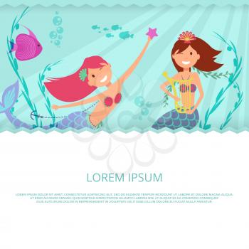 Happy mermaid and underwater life vector banner and poster template illustration