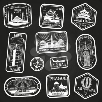 White travel stamps with major monuments and landmarks vector set on black background. Vector illustration