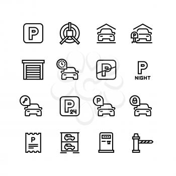 Parking icons. Car garage and parking line vector symbols. Automobile service park, zone place parking illustration