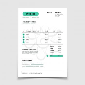 Invoice form template. Business Bill with data table. Paper order bookkeeping service document. Quotation vector design. Invoice document for payment, account finance and tax illustration