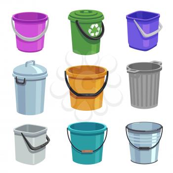Bucket and pail set. Empty containers with handle, trash bins and buckets with water. Cartoon isolated set. Container bucket for garbage, vector illustration