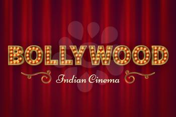 Bollywood cinema poster. Vintage indian classic movie vector background with red curtains. Illustration of lettering bollywood india, cinematography event cinema