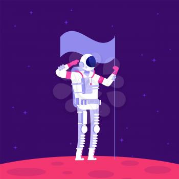 Mars colonization. Astronaut holging flag on red planet in outer space. Mars project astronautics vector concept. Illustration of astronaut spaceman exploration mission