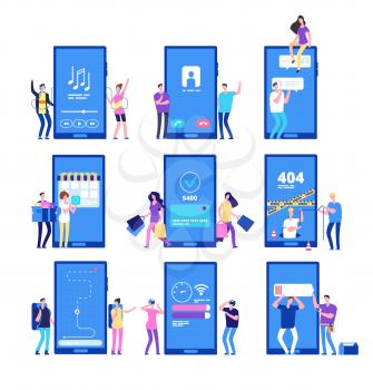 Phone app and people. Small flat characters interact with smartphone application vector set. Illustration of app mobile, using interface, location and tracker, music and call