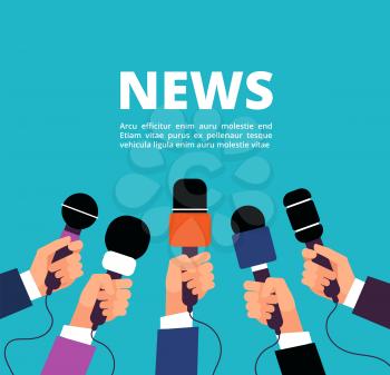 News concept with microphones. Broadcasting, interview and communication vector banner with handa holding microphones. Illustration of microphone for news, broadcasting live news