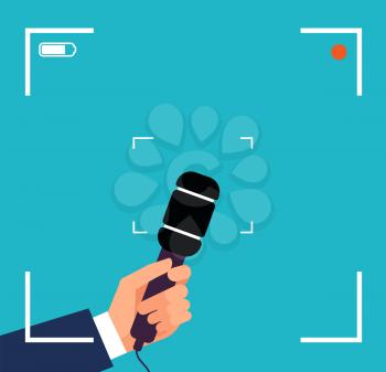Hand with microphone. Focus tv interview, live news broadcast vector concept with viewfinder and mic. Journalism and news breaking, communication reportage illustration